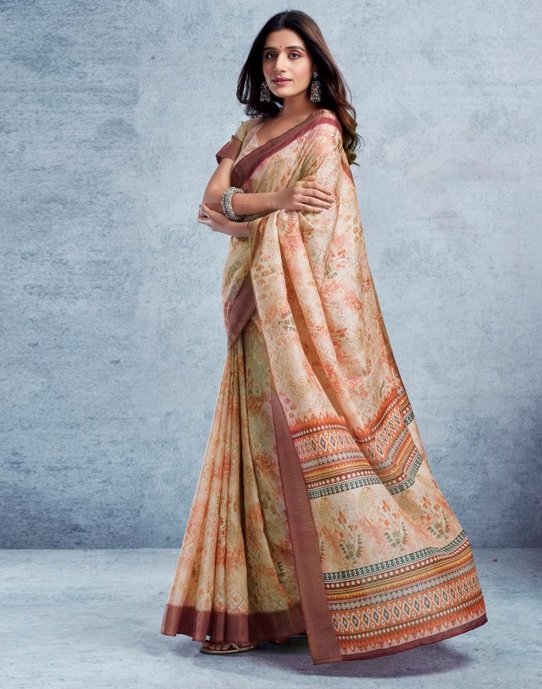 Beige &amp; Multicoloured Silk Printed  Saree