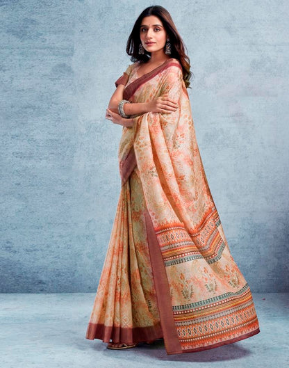 Beige &amp; Multicoloured Silk Printed  Saree