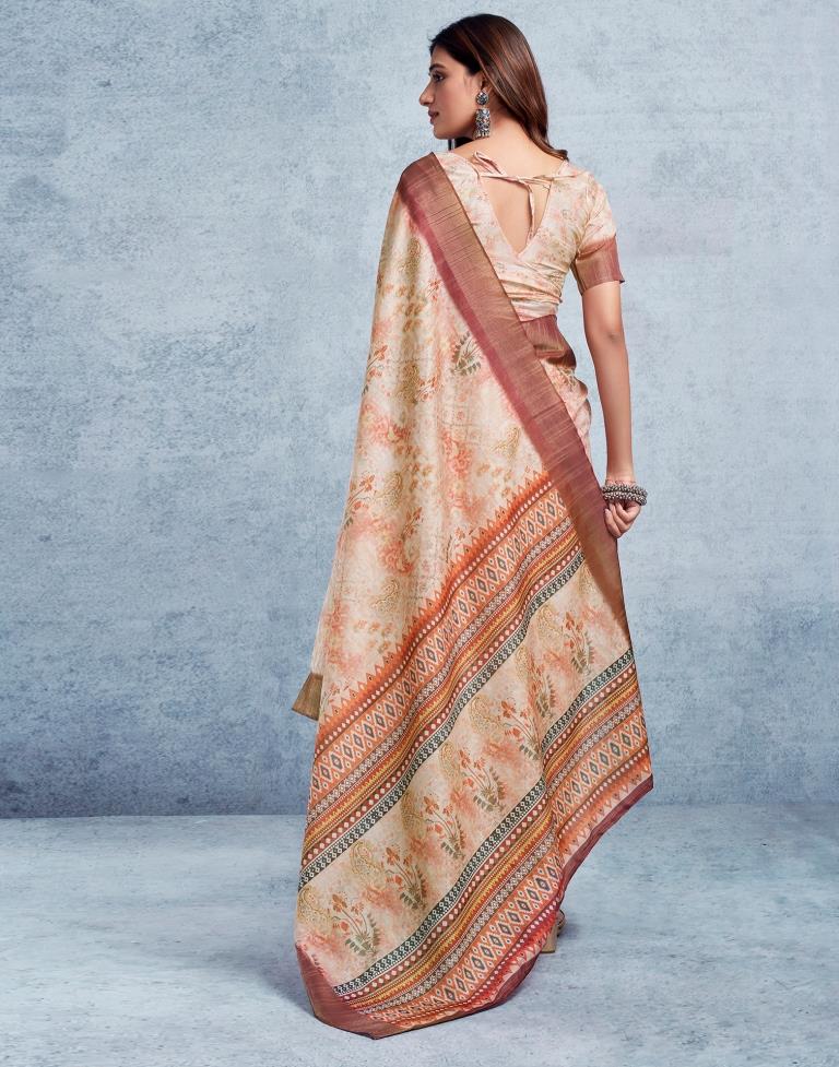 Beige &amp; Multicoloured Silk Printed  Saree