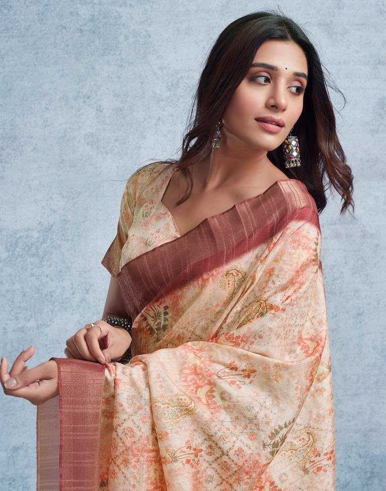 Beige &amp; Multicoloured Silk Printed  Saree