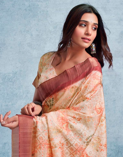 Beige &amp; Multicoloured Silk Printed  Saree