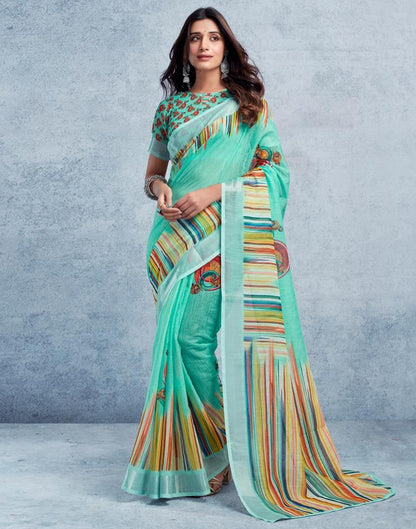 Pasta Green Linen Printed  Saree