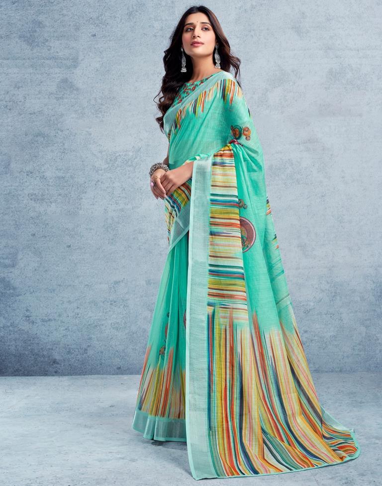 Pasta Green Linen Printed  Saree