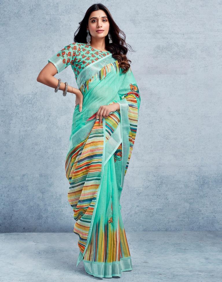 Pasta Green Linen Printed  Saree