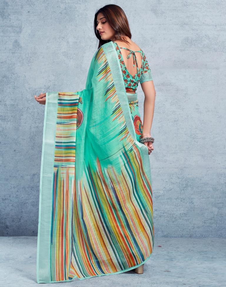 Pasta Green Linen Printed  Saree