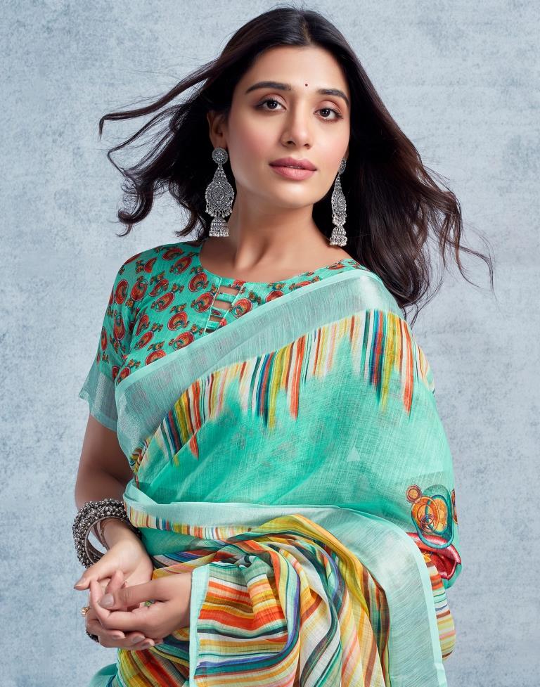 Pasta Green Linen Printed  Saree