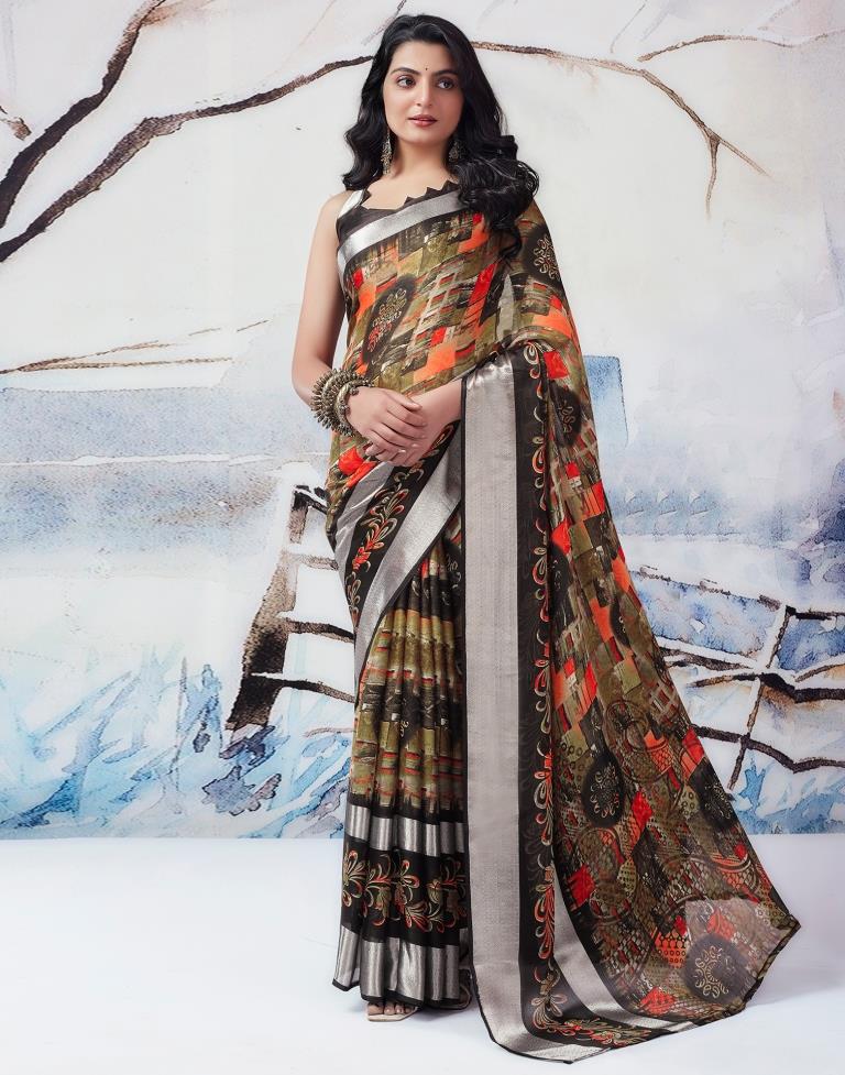 Khaki  Chiffon Printed  Saree