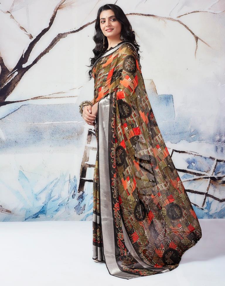 Khaki  Chiffon Printed  Saree