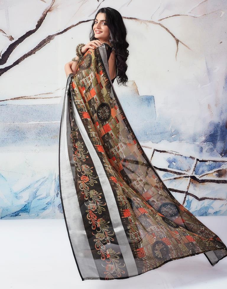 Khaki  Chiffon Printed  Saree