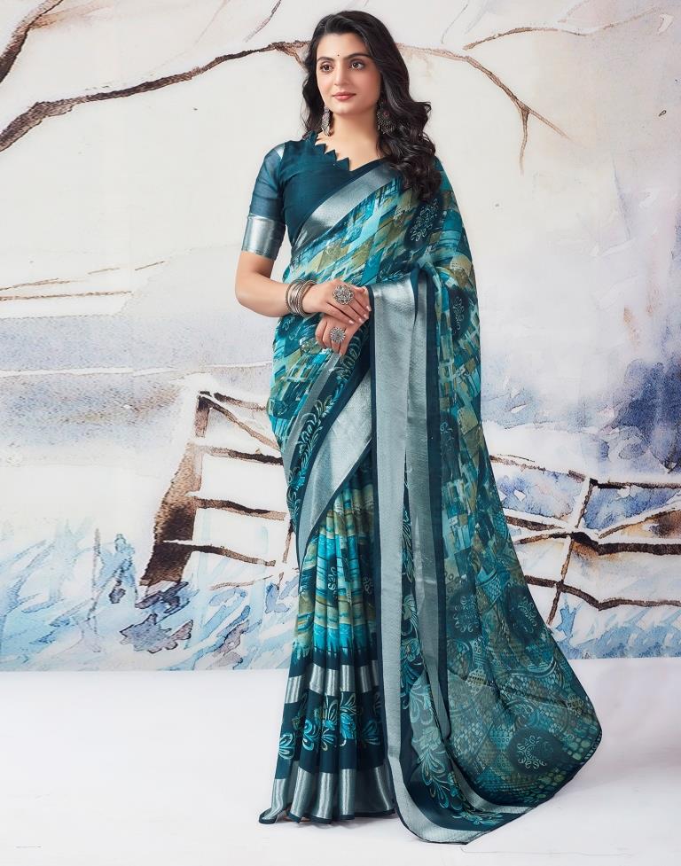 Blue Chiffon Printed  Saree