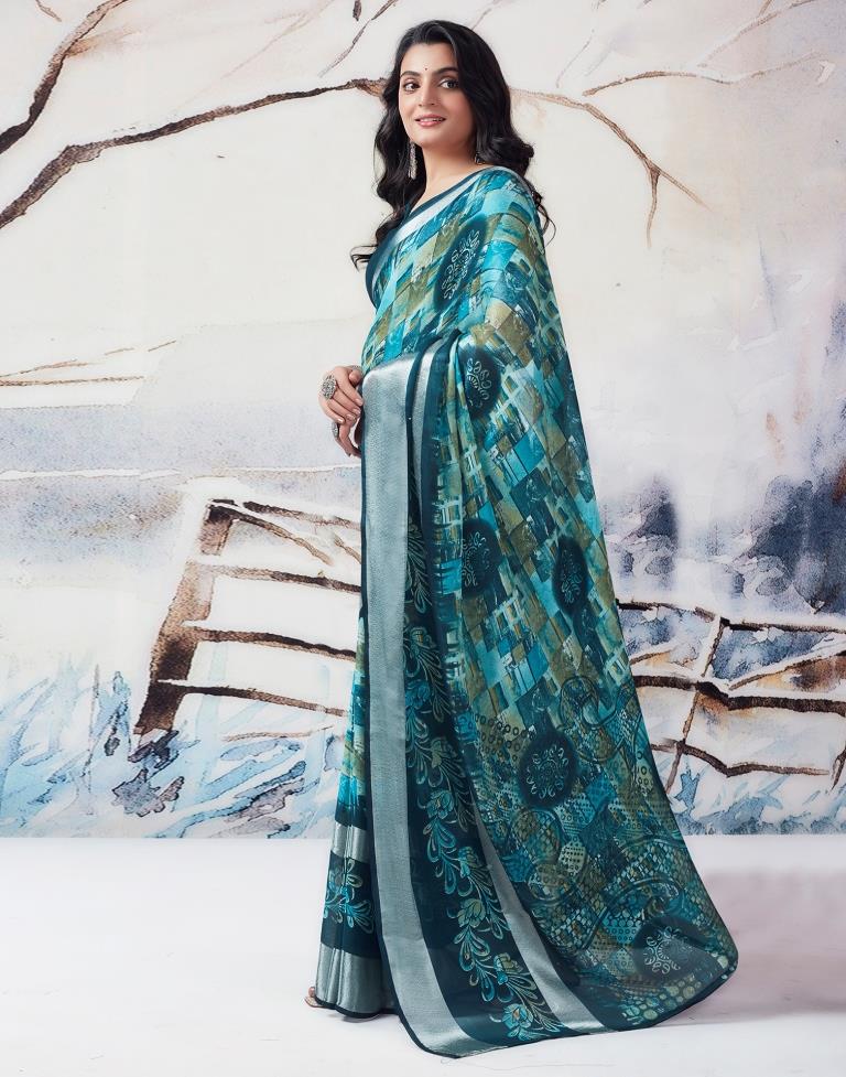 Blue Chiffon Printed  Saree