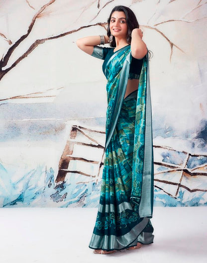 Blue Chiffon Printed  Saree