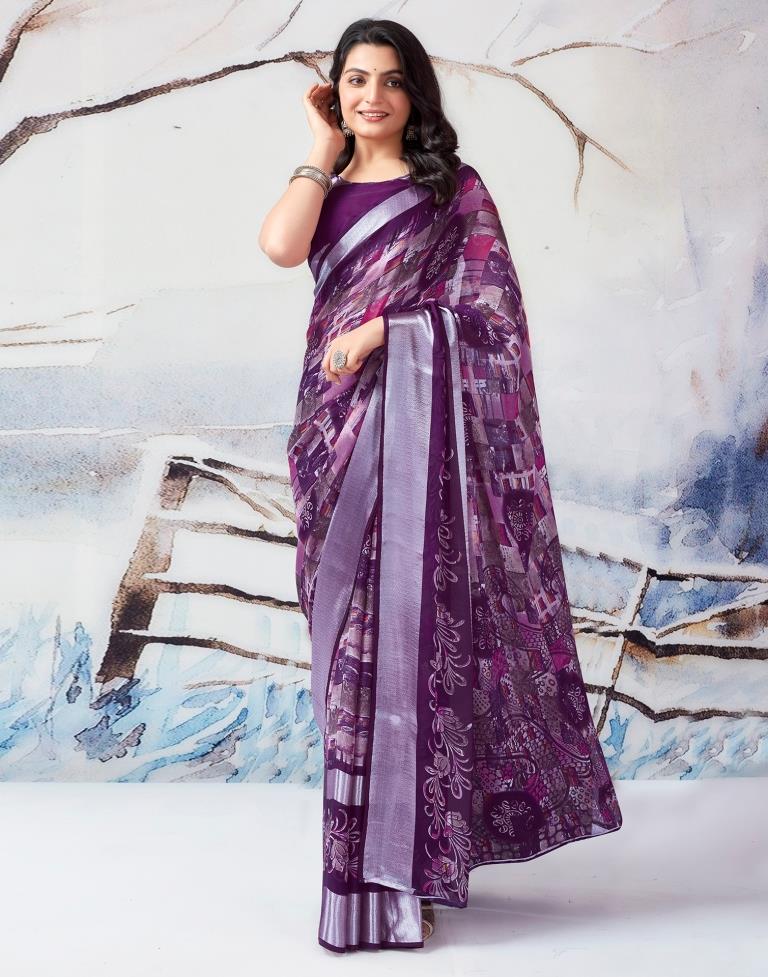 Dark Purple Chiffon Printed  Saree