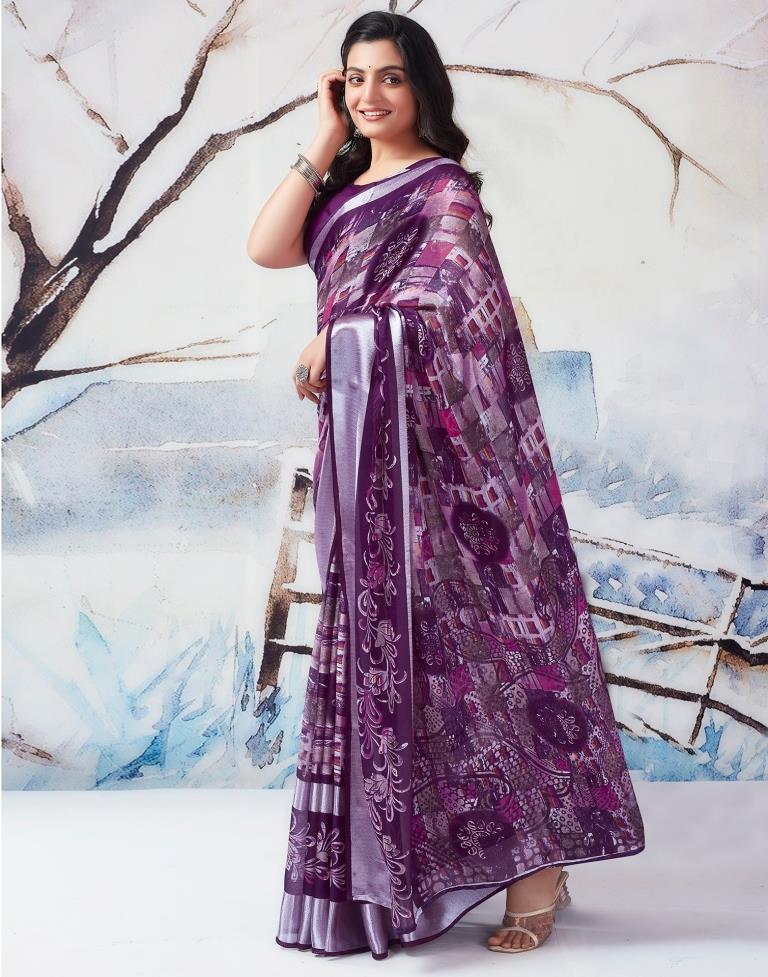 Dark Purple Chiffon Printed  Saree