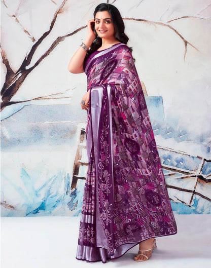 Dark Purple Chiffon Printed  Saree