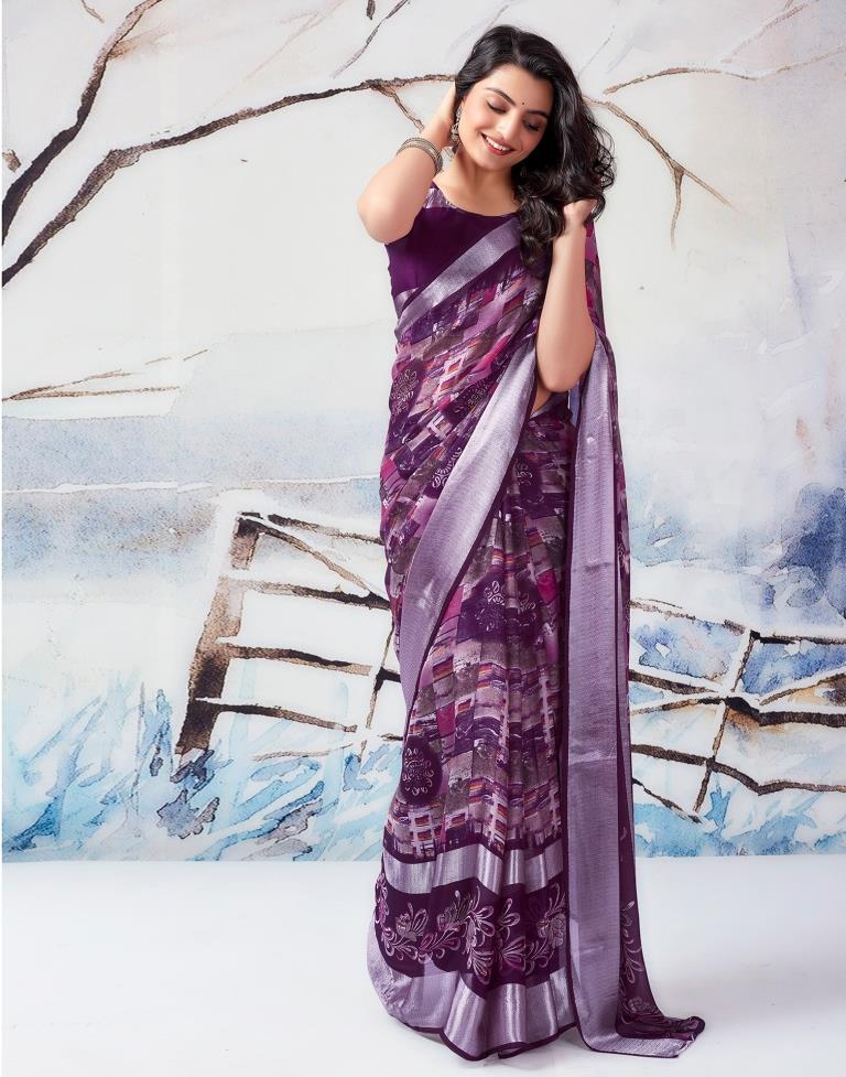 Dark Purple Chiffon Printed  Saree