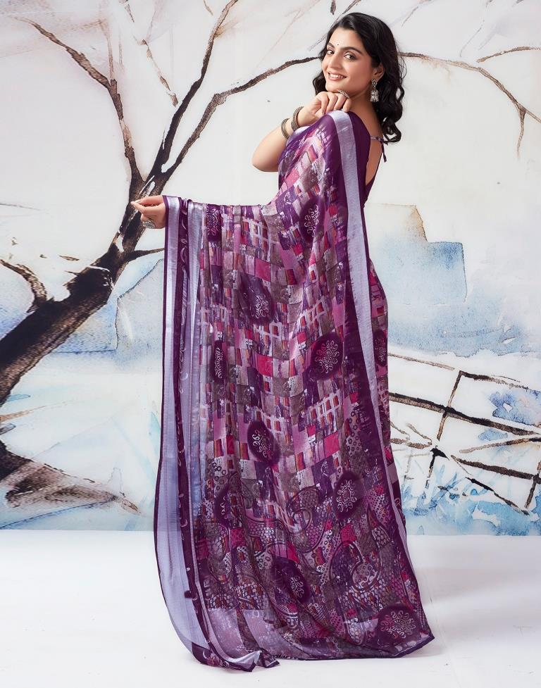 Dark Purple Chiffon Printed  Saree