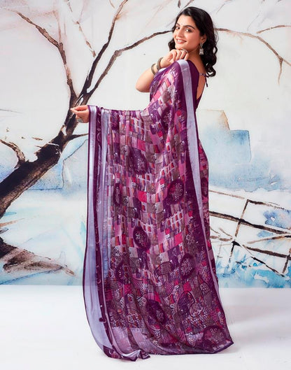 Dark Purple Chiffon Printed  Saree