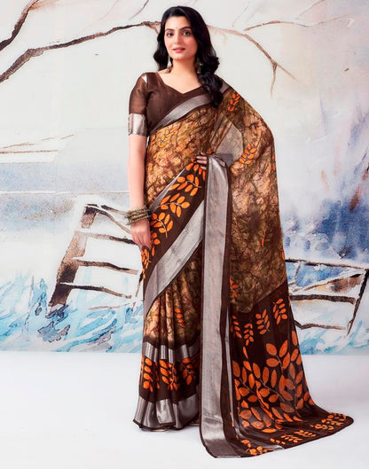 Brown Chiffon Printed  Saree