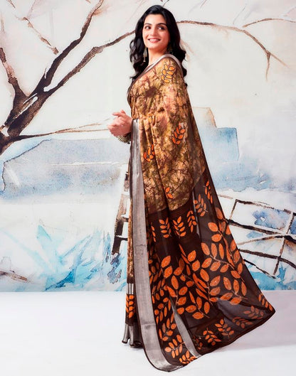 Brown Chiffon Printed  Saree