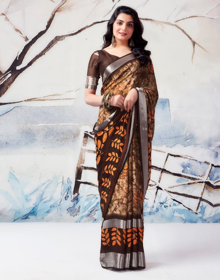 Brown Chiffon Printed  Saree