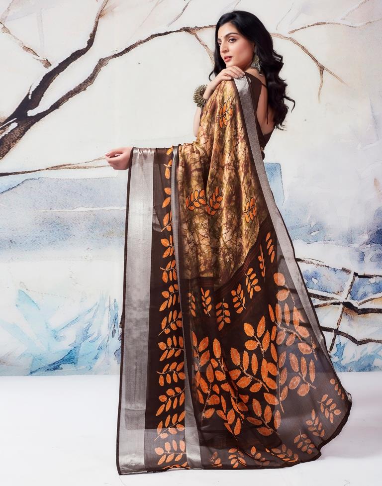 Brown Chiffon Printed  Saree