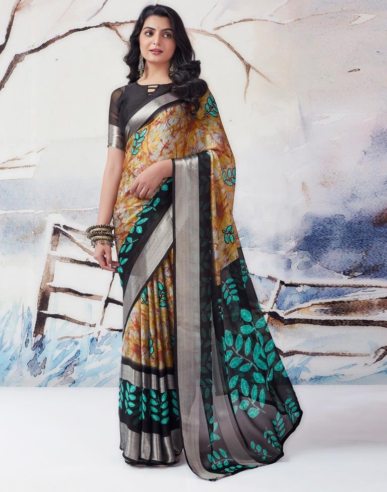 Yellow &amp; Multicolour Chiffon Printed  Saree