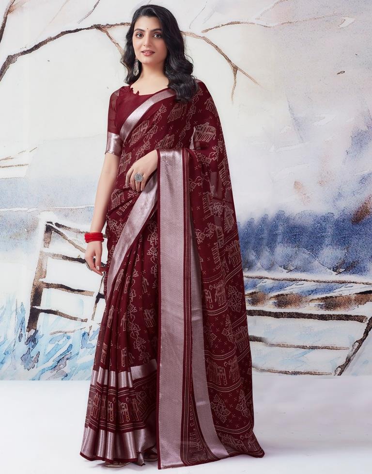 Maroon Chiffon Printed  Saree