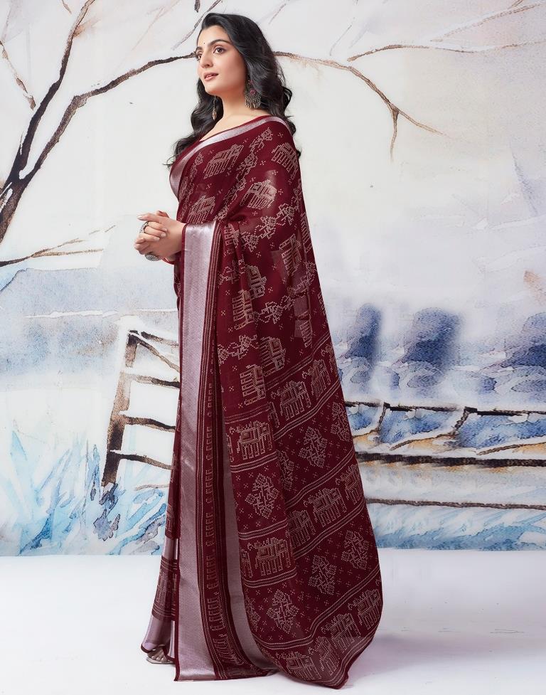 Maroon Chiffon Printed  Saree