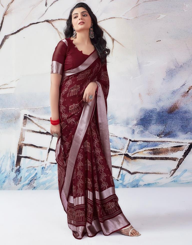 Maroon Chiffon Printed  Saree