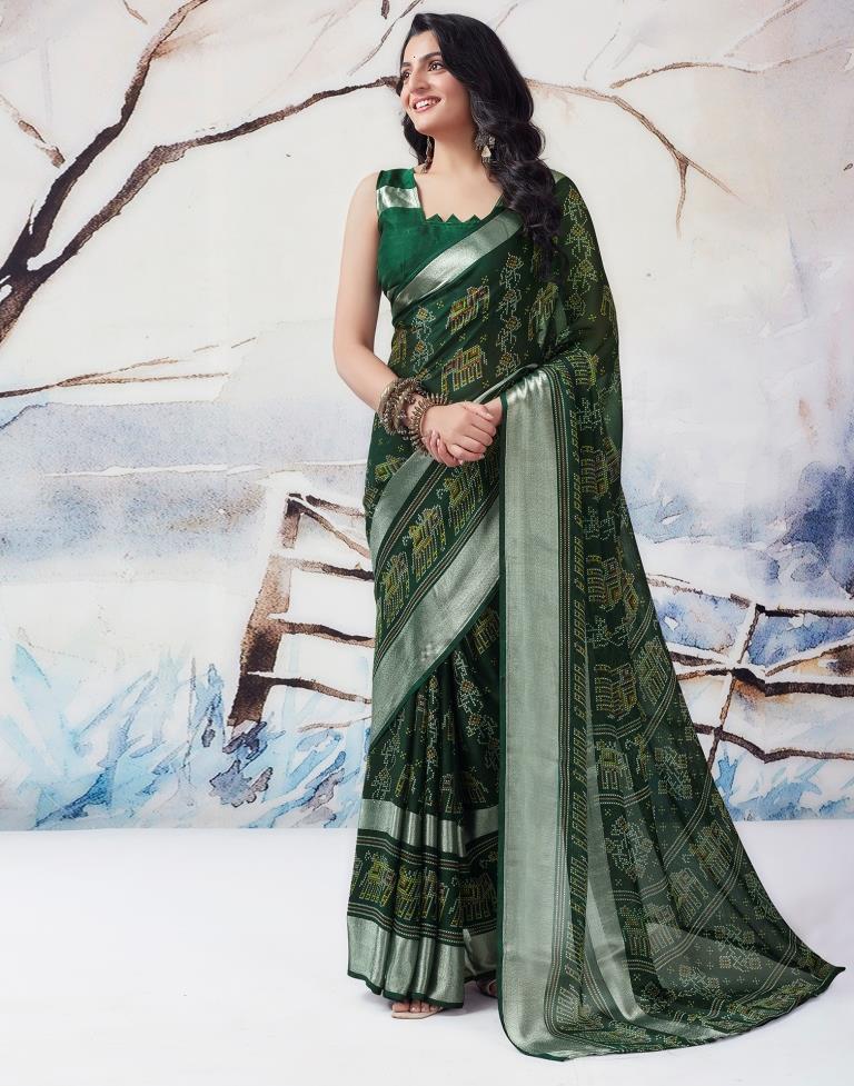 Dark Green Chiffon Printed  Saree