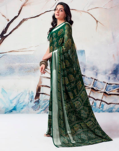 Dark Green Chiffon Printed  Saree