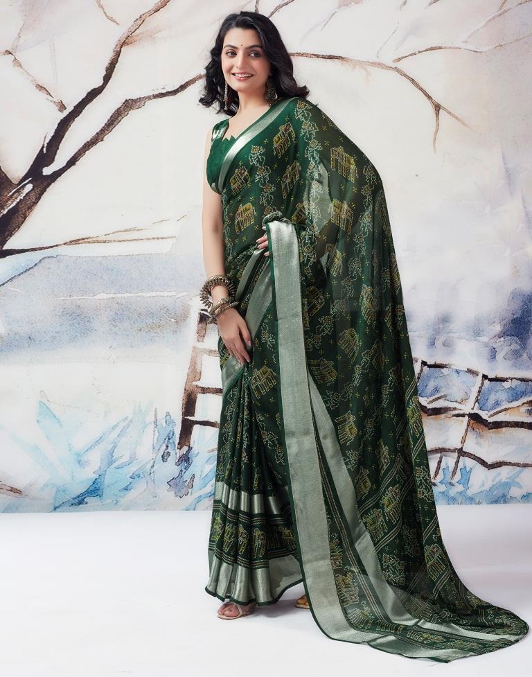 Dark Green Chiffon Printed  Saree