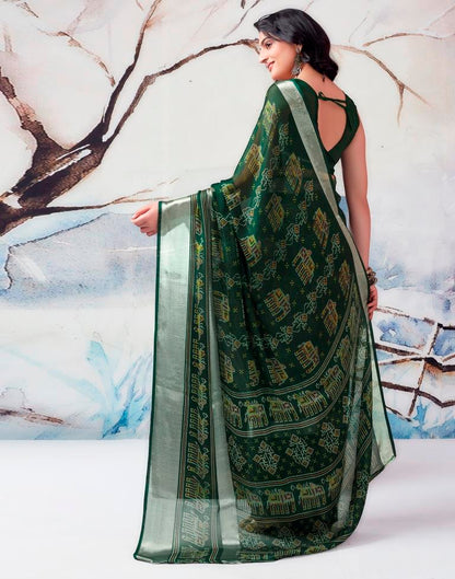 Dark Green Chiffon Printed  Saree