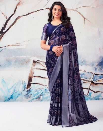 Navy Blue Chiffon Printed  Saree