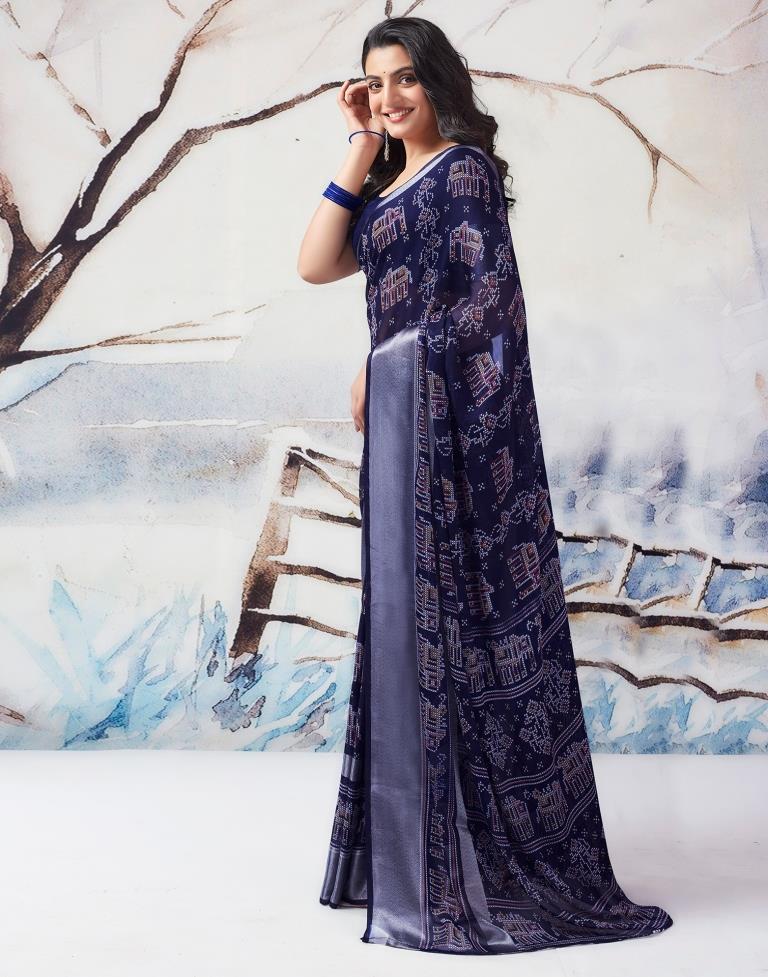 Navy Blue Chiffon Printed  Saree