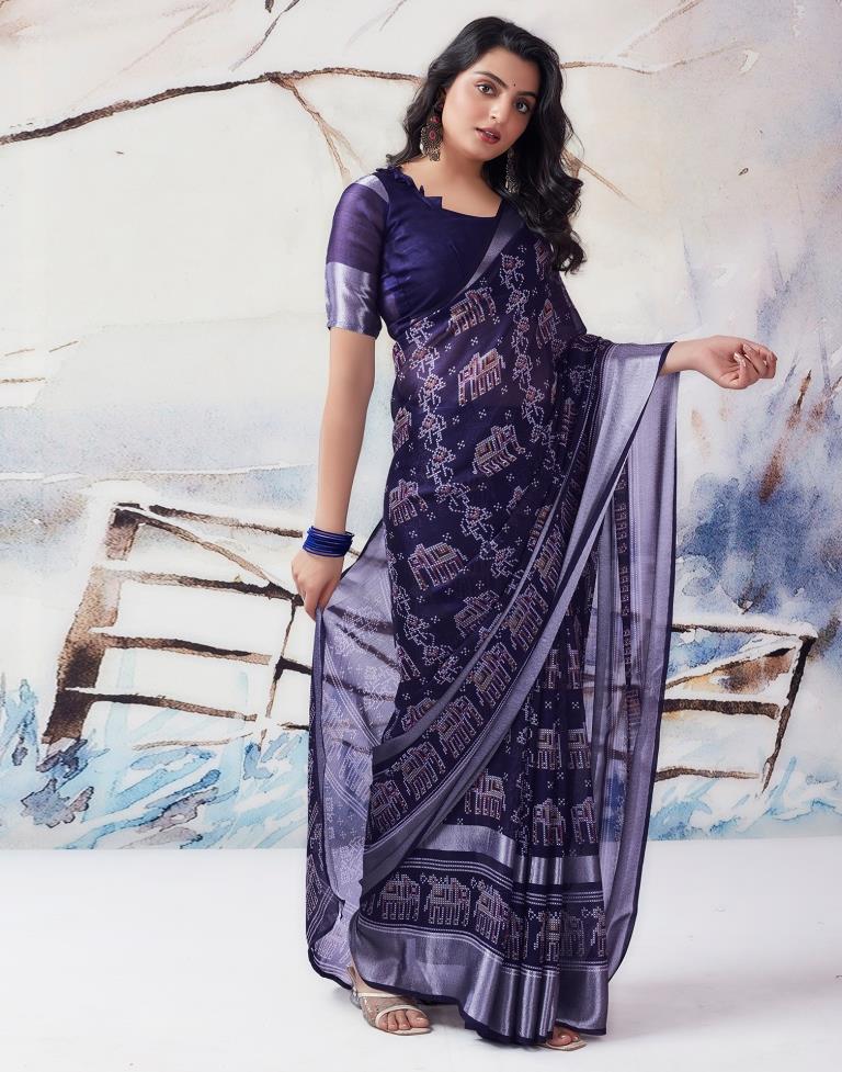 Navy Blue Chiffon Printed  Saree