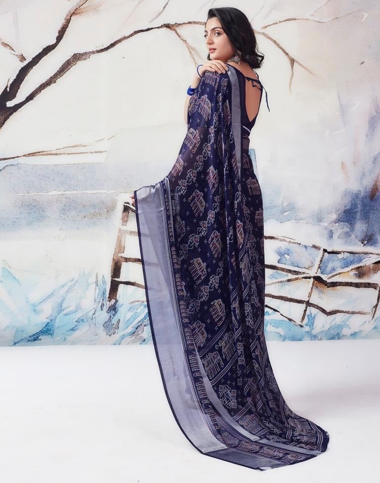 Navy Blue Chiffon Printed  Saree