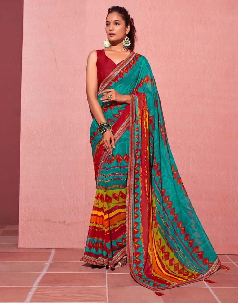 Teal Blue Chiffon Printed Saree