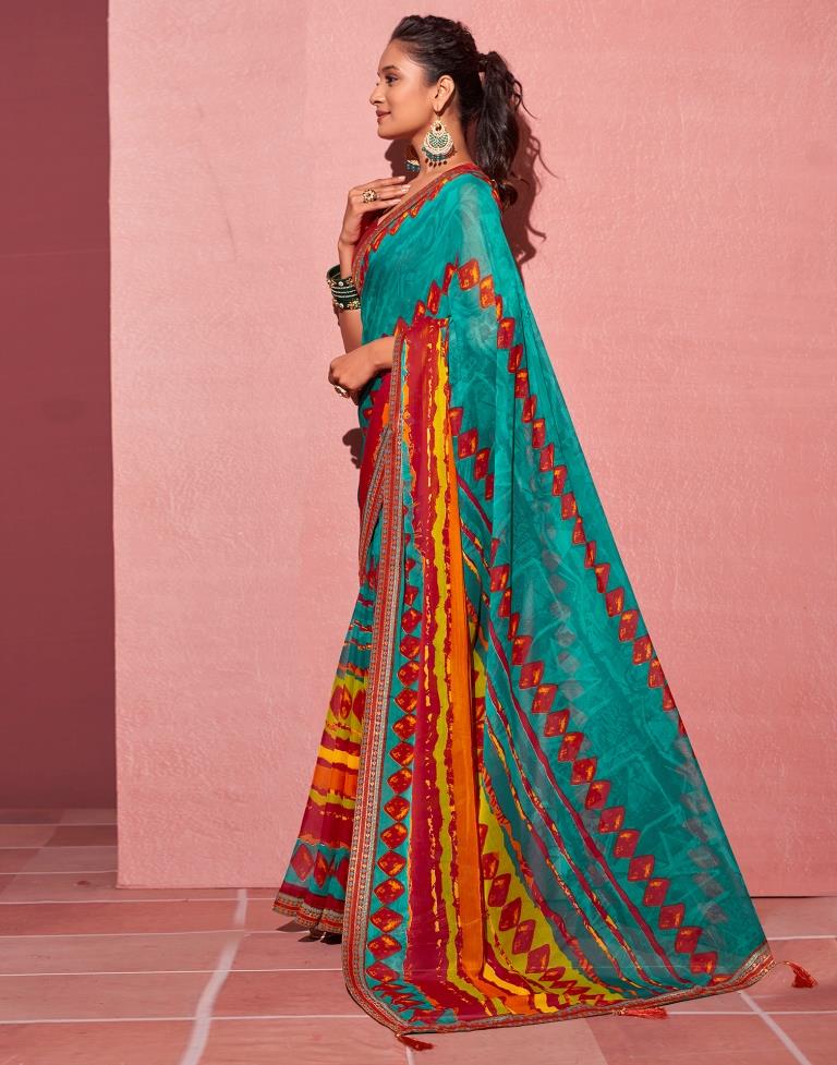 Teal Blue Chiffon Printed Saree