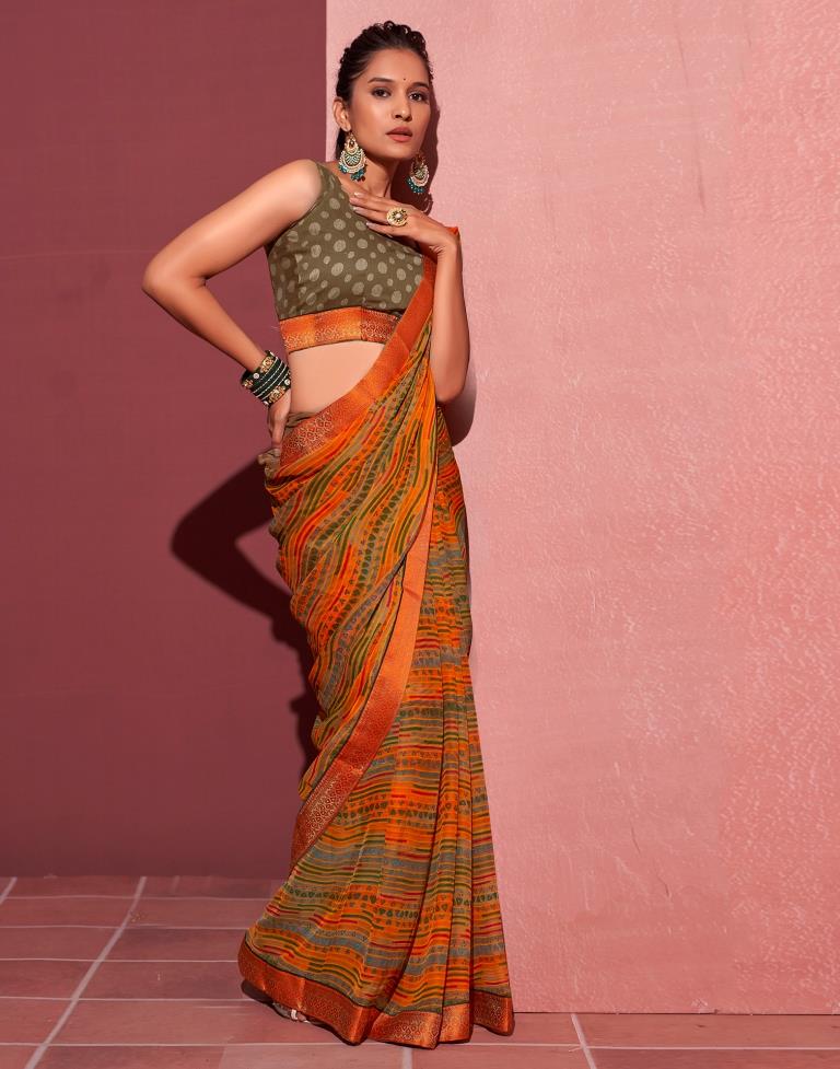 Orange Chiffon Printed Saree