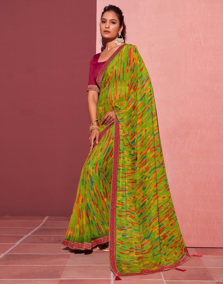 Green Chiffon Printed Saree