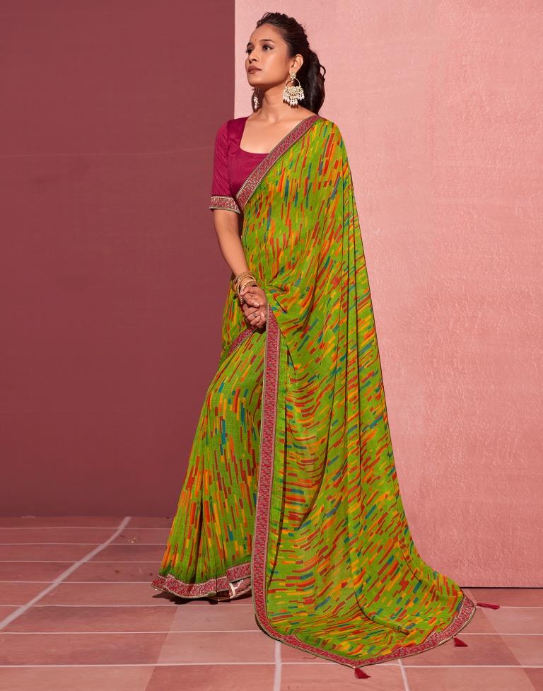 Green Chiffon Printed Saree