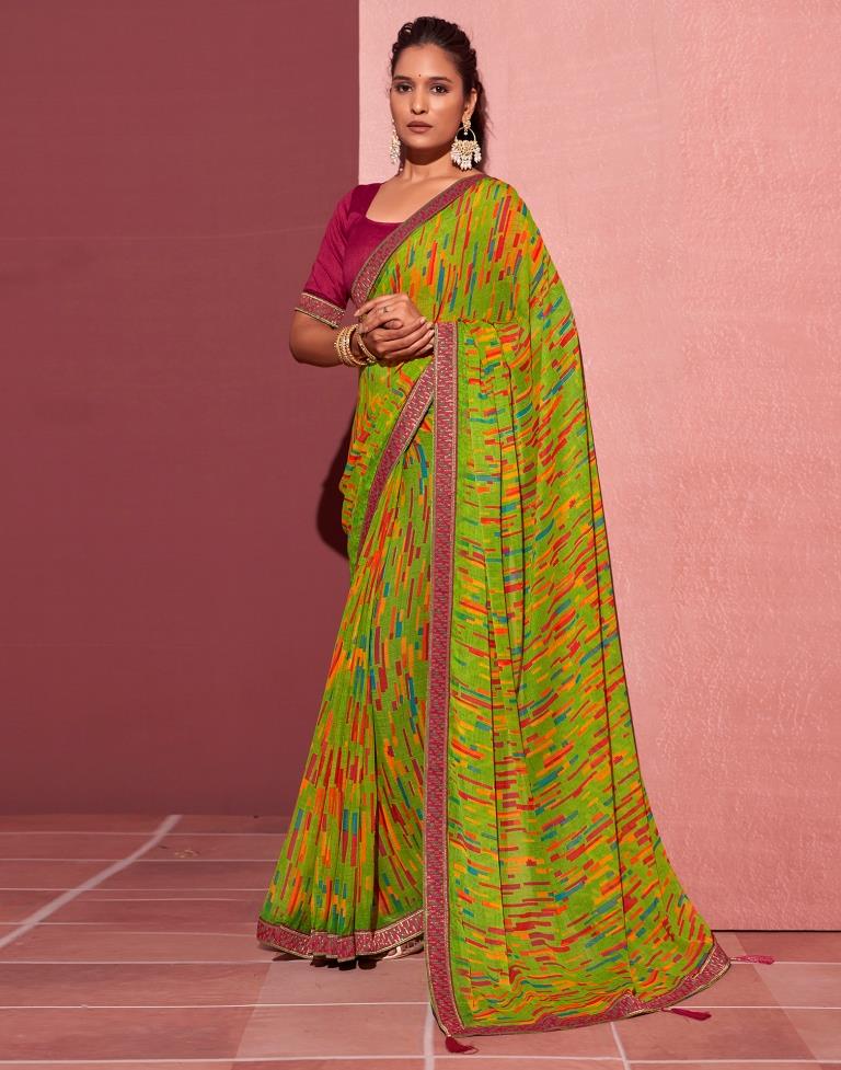 Green Chiffon Printed Saree