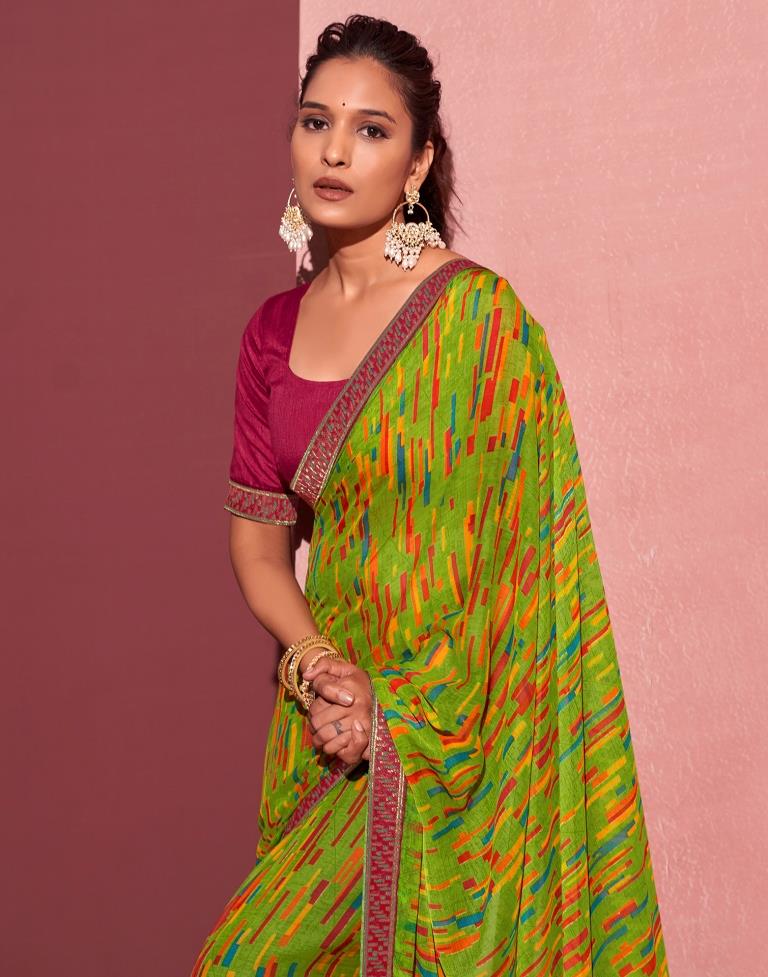 Green Chiffon Printed Saree