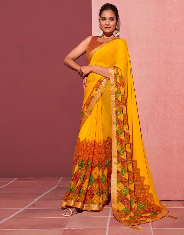 Yellow Chiffon Bandhani Saree