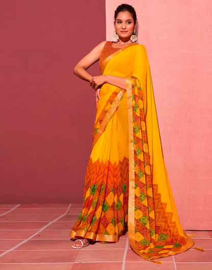 Yellow Chiffon Bandhani Saree