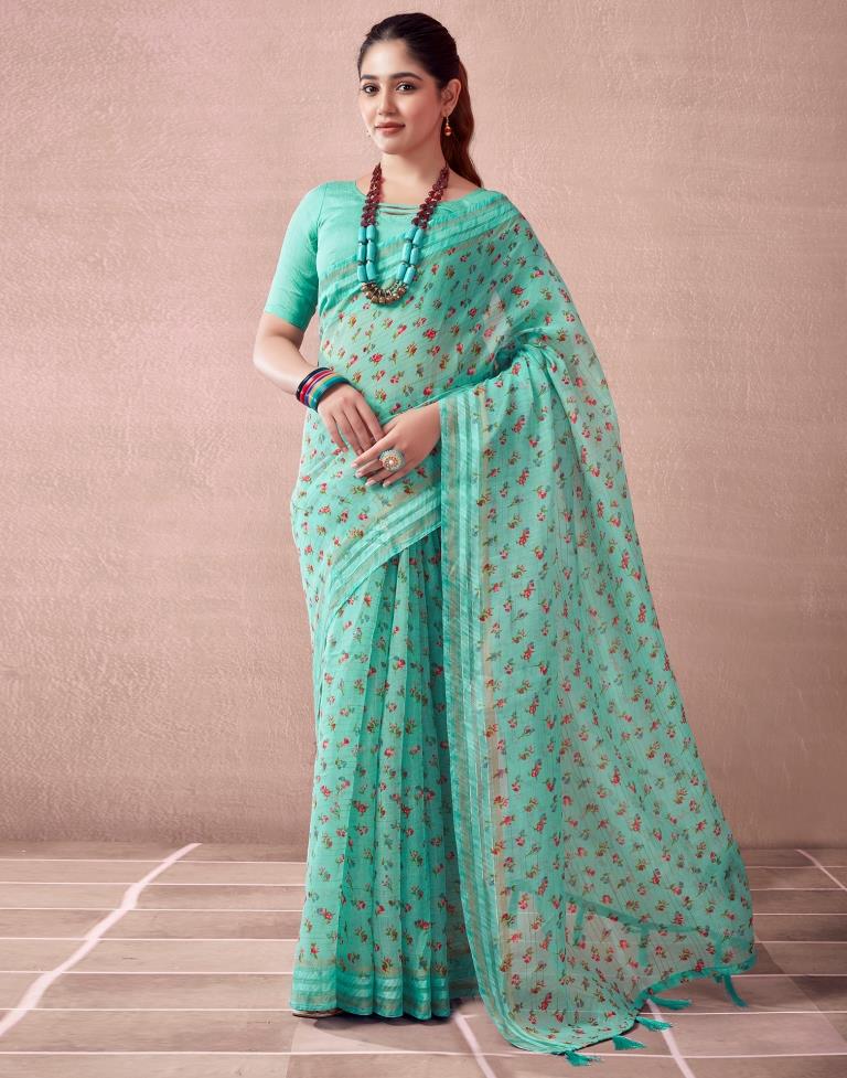 Turquoise Cotton Printed  Saree