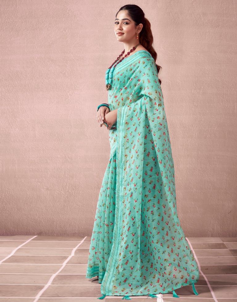 Turquoise Cotton Printed  Saree