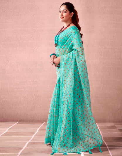 Turquoise Cotton Printed  Saree